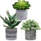Set of 3 Small Potted Artificial Succulents – Faux Mini Succulent Arrangement in Black & White Geometric Concrete Pots for Modern Home, Office, Windowsill & Table Decor